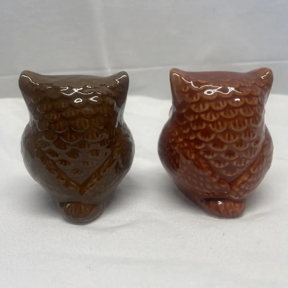 Vintage Set Lot 2 Glazed Porcelain Ceramic Owls Decor Brown Rust Collect MCM EC